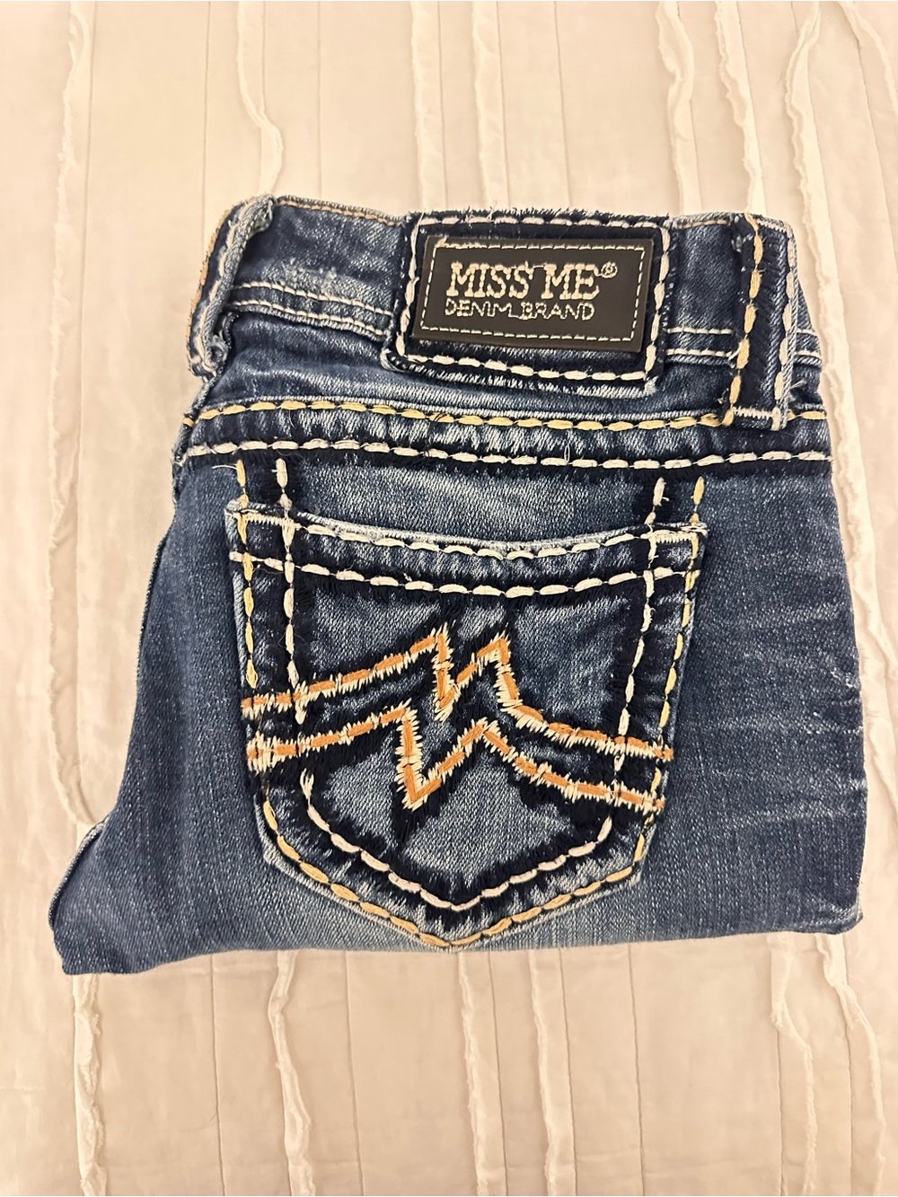 Miss Me Blue Denim Bootcut Jeans with Orange Accent Stitching